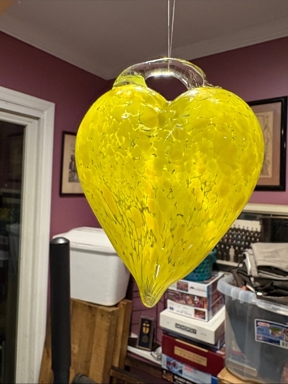 Vibrant Yellow Blown Glass Heart Hanging Ornament